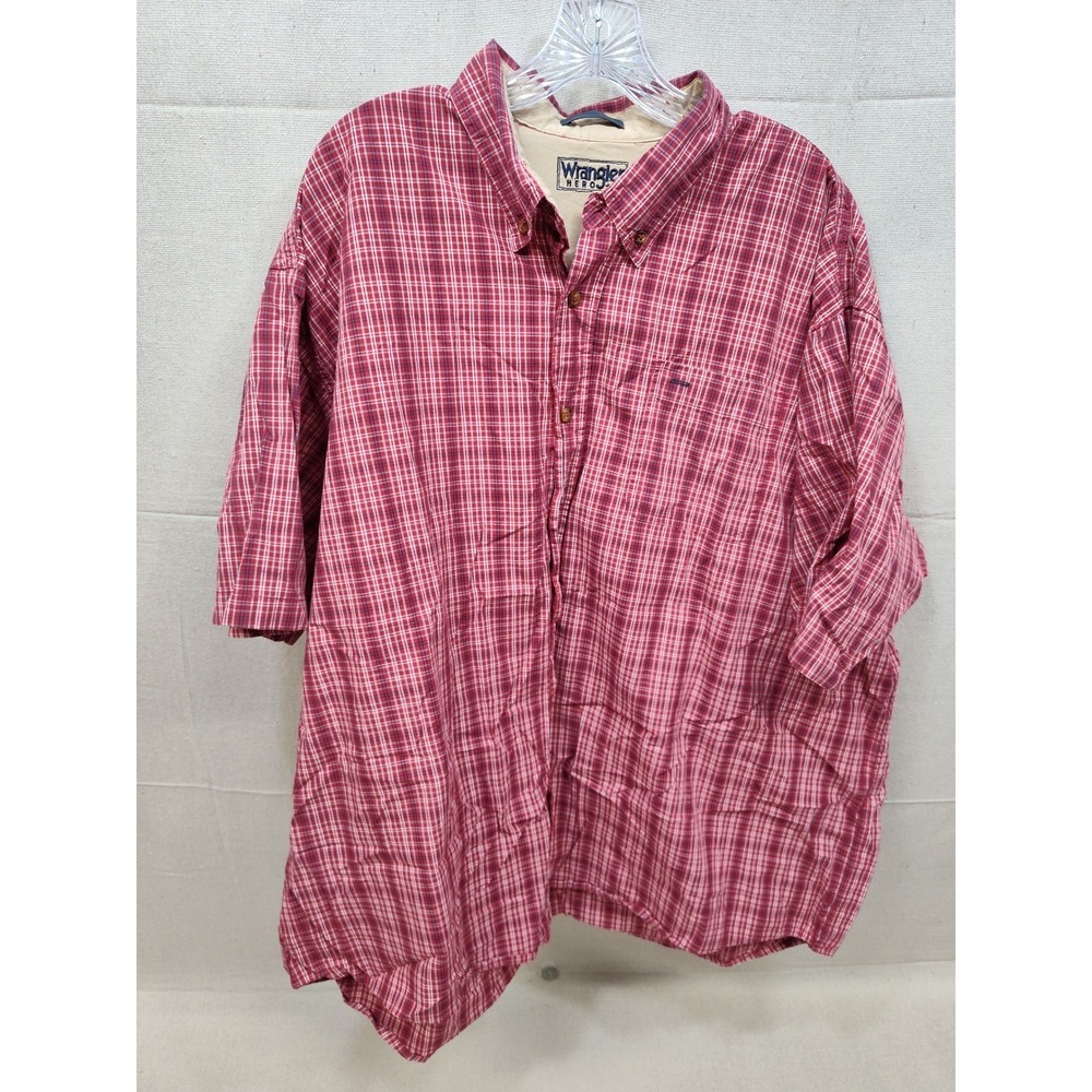 Wrangler Hero Men 3XL Red Plaid Short Sleeve Button Down Cotton Shirt Relxed Fit